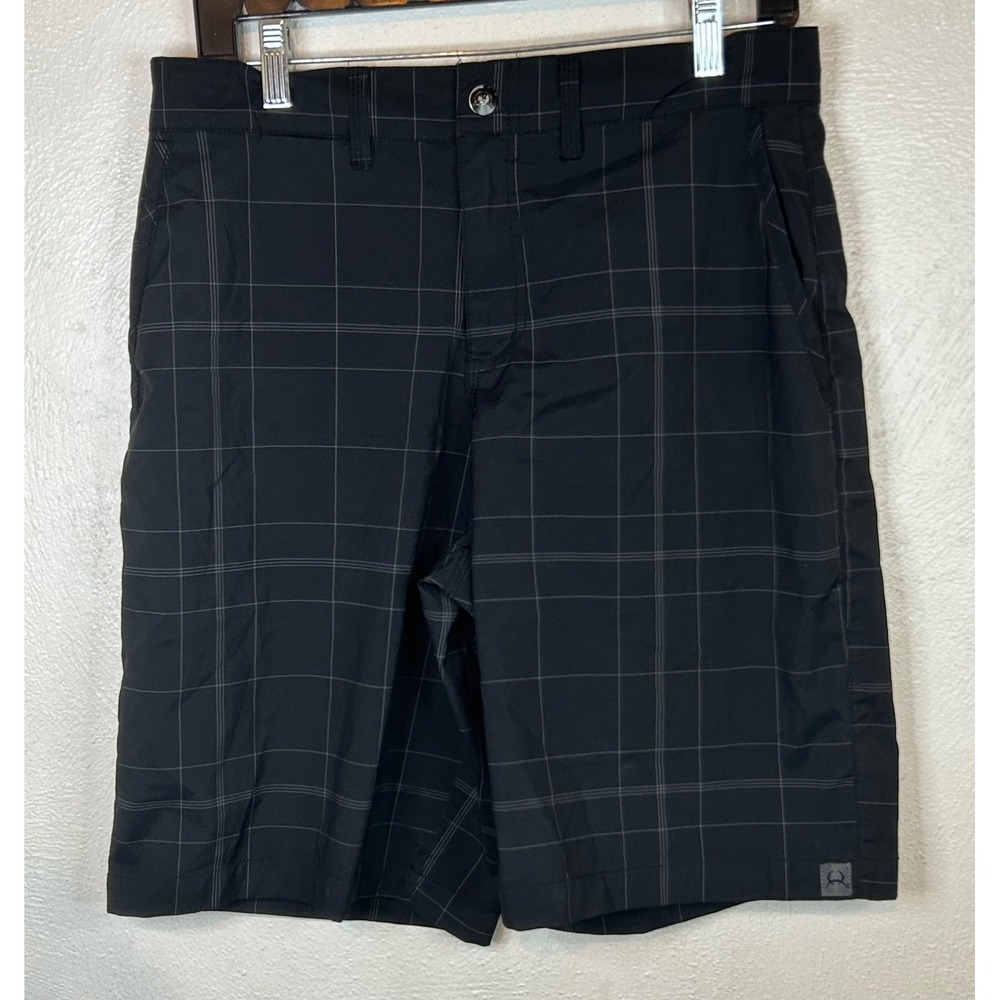 Cinch Mens Plaid Performance Shorts Black Grey Windowpane Stretch Size 30